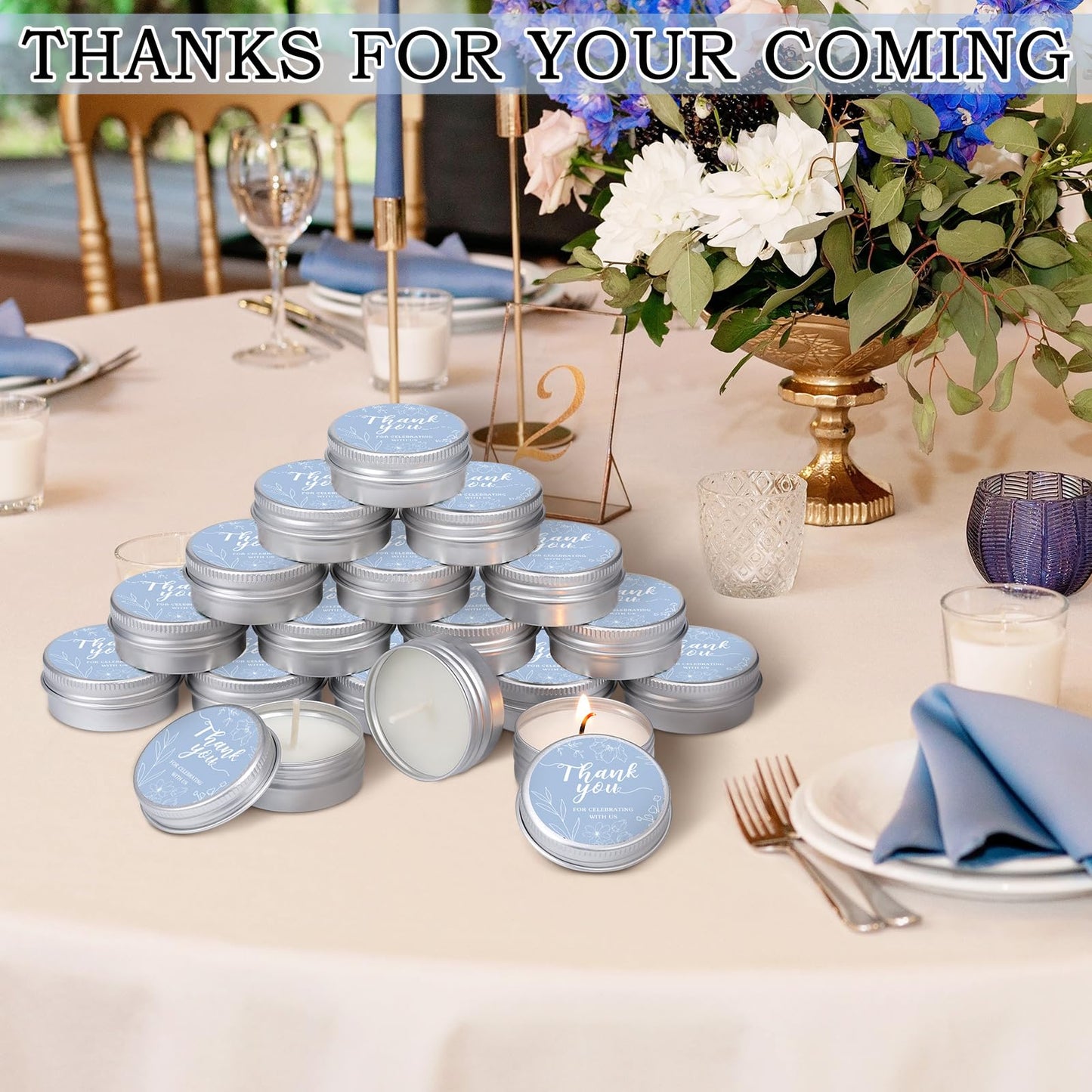MTLEE 50 Pcs Blue Floral Wedding Thank You Candles Gifts for Guests, Bridal Shower Baby Shower Favors, 1 oz Mini Lavender Scented Soy Wax Candles Tin Bulk for Birthday Aromatherapy Party Favors