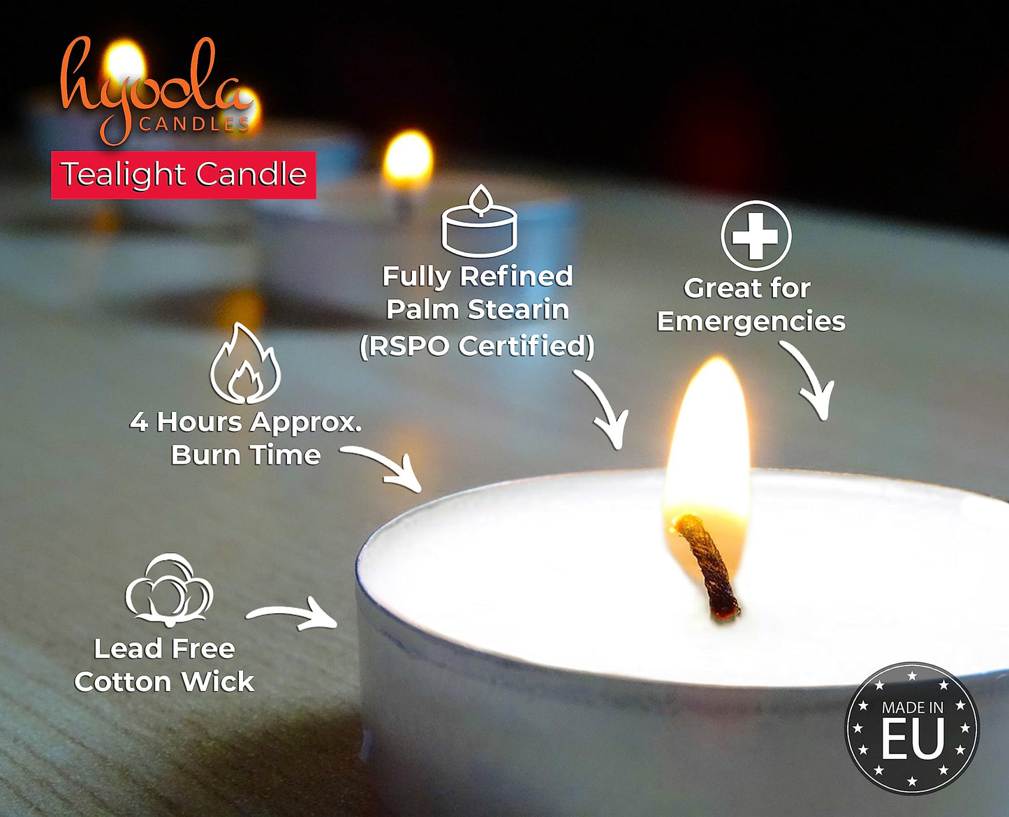 Hyoola Tea Lights Candles - 100 Bulk Candles Pack - Natural Palm Oil Tea Light - European Quality White Unscented Tealight Candles - 4 Hour Burn Time