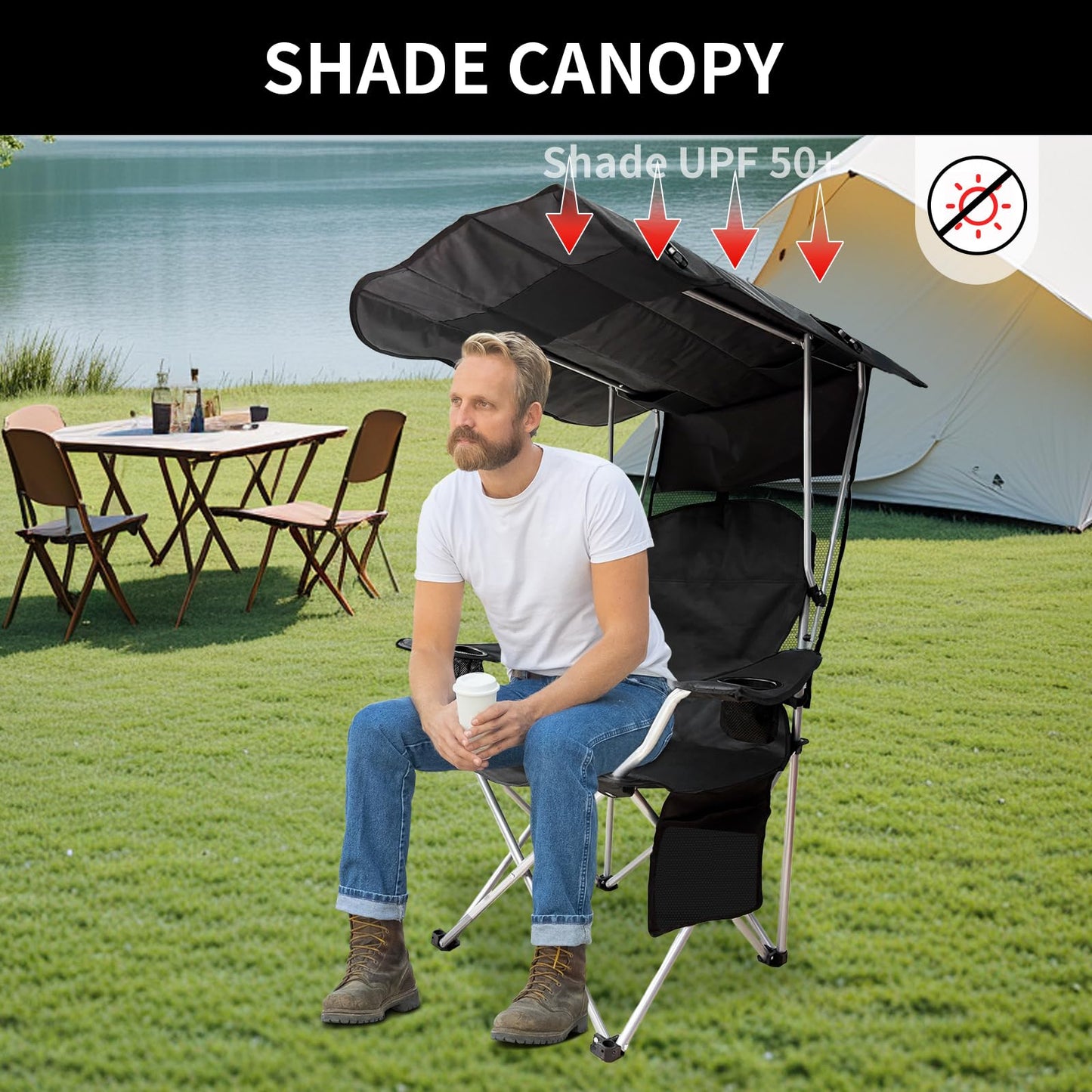 CAMP SOLUTIONS Portable Camping Chair with Canopy Shade- Folding Camping Lounge Chair with Cup Holder & Side Pocket for Outdoor Camping, Fishing, Beach - Support 330 LBS(BLACK-2PK)