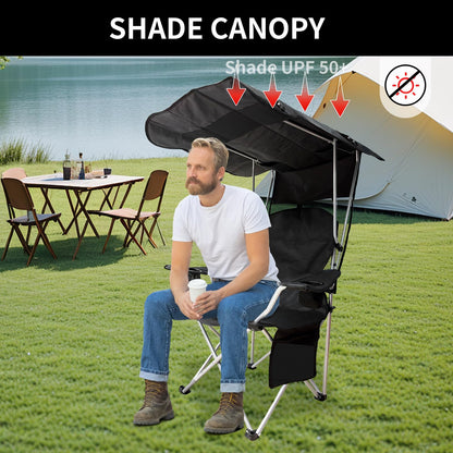 CAMP SOLUTIONS Portable Camping Chair with Canopy Shade- Folding Camping Lounge Chair with Cup Holder & Side Pocket for Outdoor Camping, Fishing, Beach - Support 330 LBS(BLACK-2PK)