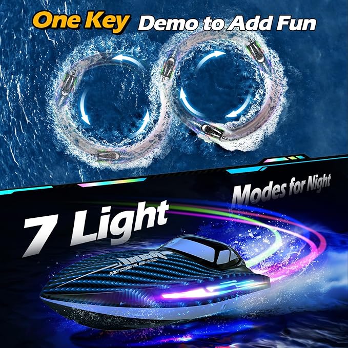 30KMH RC Remote Control Boat with 7 LED Light Modes Waterproof Electric Fast Speed Boat for Adults Kids 8-12 Lake Pool Water PlaySelf-rightingDemoWater Cooling20MinsLow Battery Alert2.4GhzBlue