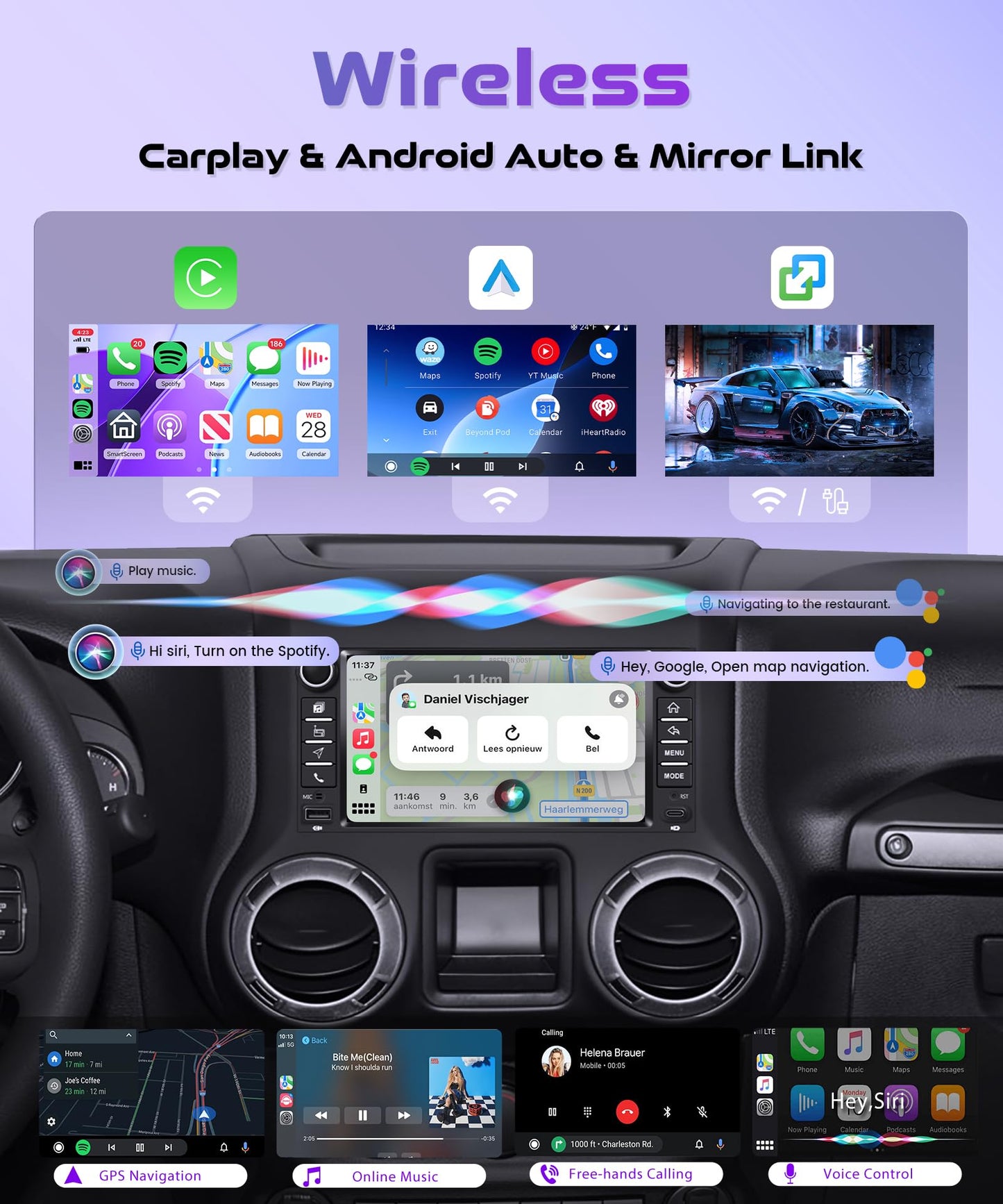 4Core 4G+128G Android 15 Car Stereo Radio for Jeep Wrangler JK 2007-2018/jeep Grand Cherokee/Commander/Compass, for Dodge Ram/Challenger(2009-2011) Wireless Carplay Android Auto GPS WiFi