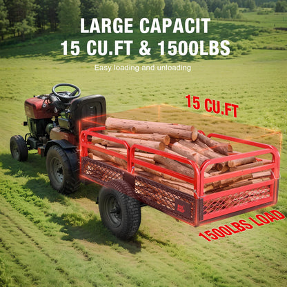 Big RED Heavy Duty ATV Dump Trailer, 1500lb Capacity 15 cu.ft Utility Cart with Red Steel Railings,16" Tires for Tractor, UTV
