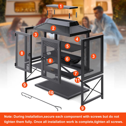 VELUVIA Metal Outdoor Fireplace for Patio - 39" H Square Chiminea Fire Pits Outside Wood Burning with Grill, Mesh Spark Screen & Fire Poker, for Garden, Backyard, Party, Camping, Picnic, BBQ, Bonfire