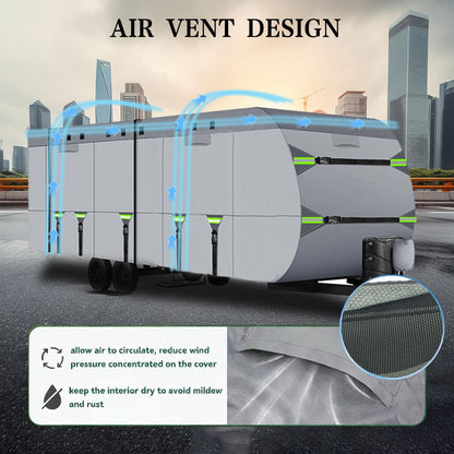8 Layers Travel Trailer Cover Windproof Waterproof Rip-Stop RV Covers with Adhesive Repair Patches, 2Pcs Extra Straps & 4 Tire Covers (Fit 24-27FT)