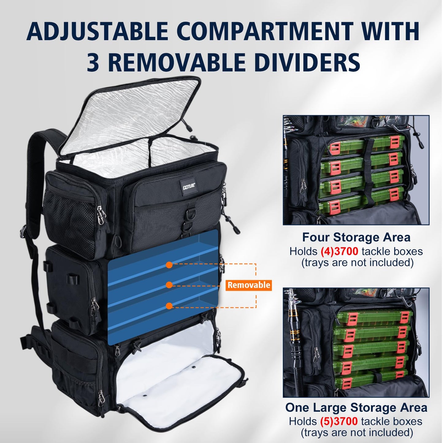 Goture Fishing Backpack with Cooler,72L Large 600D Tackle Backpack with Rod Holders,Dry & Wet Split Compartment,Adjustable Main Compartment,Rain Cover,Insulated Tactical Bag for Travel Camping Hiking
