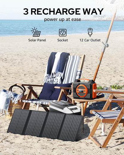 Apowking Portable Solar Powered Generator 300W Rated, with Solar Panels 40W Included, 220Wh Power Bank with AC Outlet 110V, and 10*DC Connectors, Pure Sine Wave for Home Use Camping Outdoor