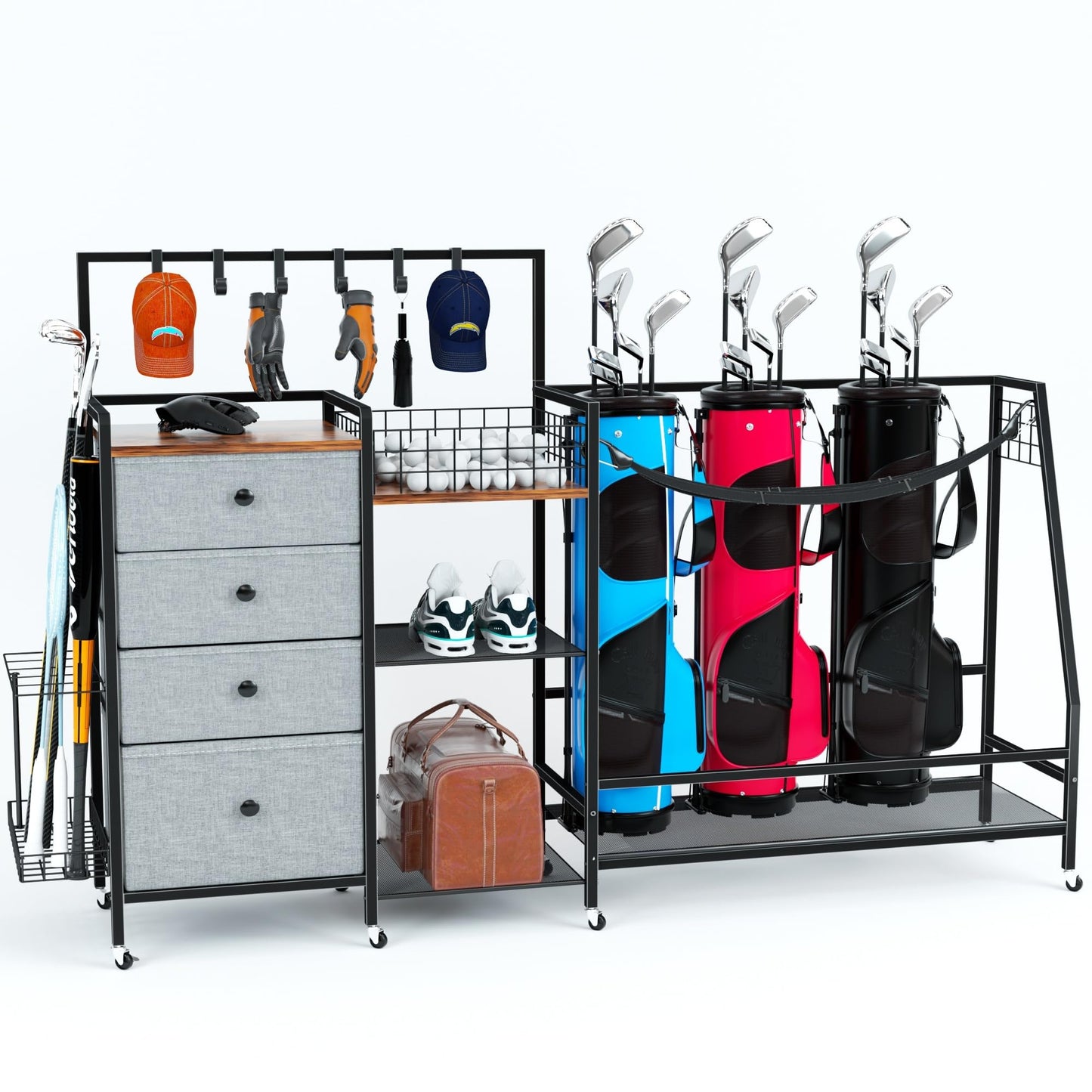 DALEMHOME Golf Bag Storage Rack for Garage, Extra Large 70.07" Golf Organizer Fits 3 Golf Bags, Heavy Duty Metal Golf Equipment Storage Stand with 4 Drawers, Side Basket and Lockable Casters