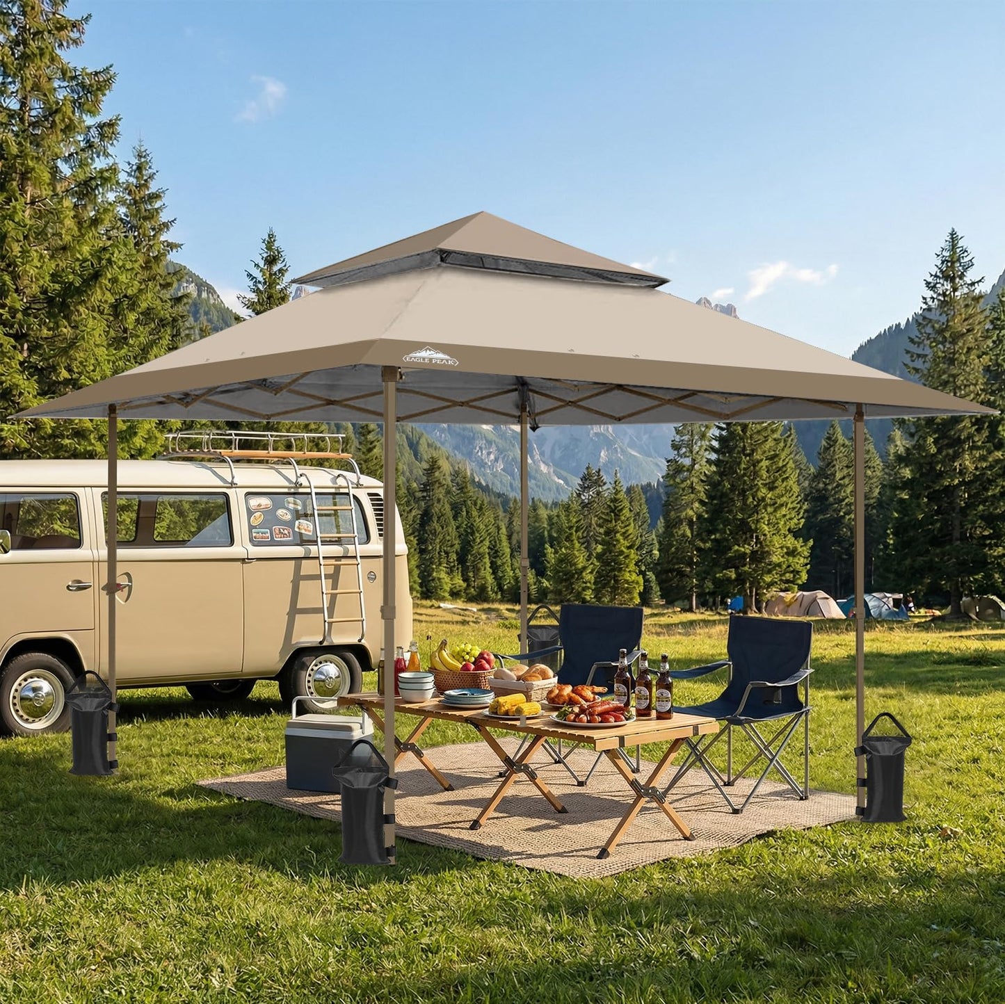 EAGLE PEAK 13x13 Straight Leg Pop Up Canopy Tent Instant Outdoor Canopy Easy Single Person Set up Folding Shelter w/Auto Extending Eaves 169 Square Feet of Shade (Beige)