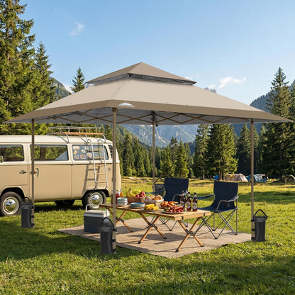 EAGLE PEAK 13x13 Straight Leg Pop Up Canopy Tent Instant Outdoor Canopy Easy Single Person Set up Folding Shelter w/Auto Extending Eaves 169 Square Feet of Shade (Beige)