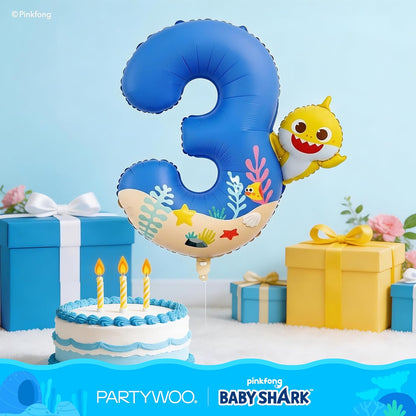 **PartyWoo Baby Shark Number 3 Balloon - 40 Inch Blue Mylar Helium Decoration for Kids' Birthday**