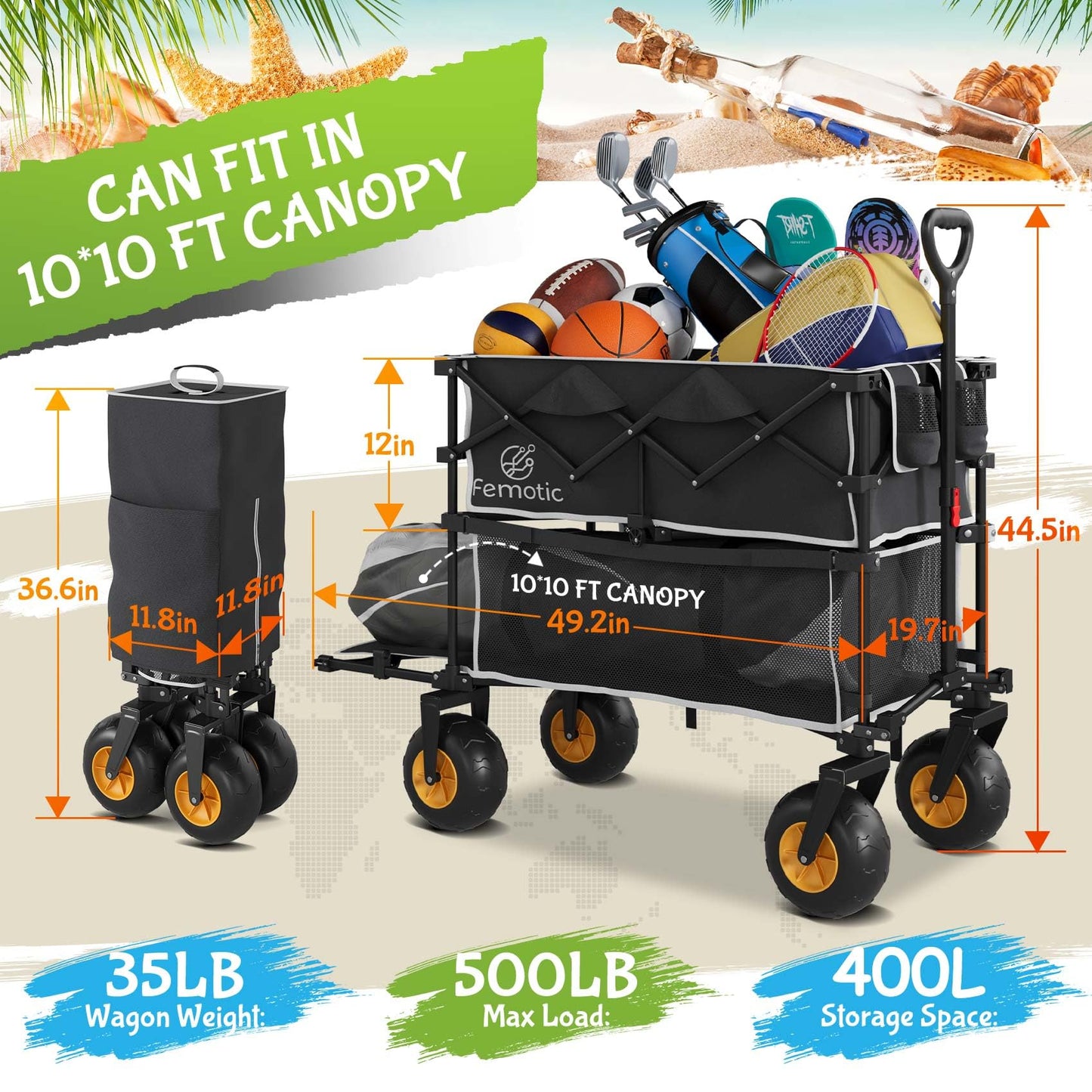 Beach Wagon with Big Wheels for Sand,Heavy Duty Double Decker Wagon with Extender,400L Extra Large Foldable Wagon Cart with 9" All Terrain Inflatable Tires,for Beach Camping Garden and Sports, Black