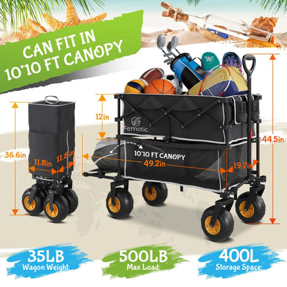 Beach Wagon with Big Wheels for Sand,Heavy Duty Double Decker Wagon with Extender,400L Extra Large Foldable Wagon Cart with 9" All Terrain Inflatable Tires,for Beach Camping Garden and Sports, Black