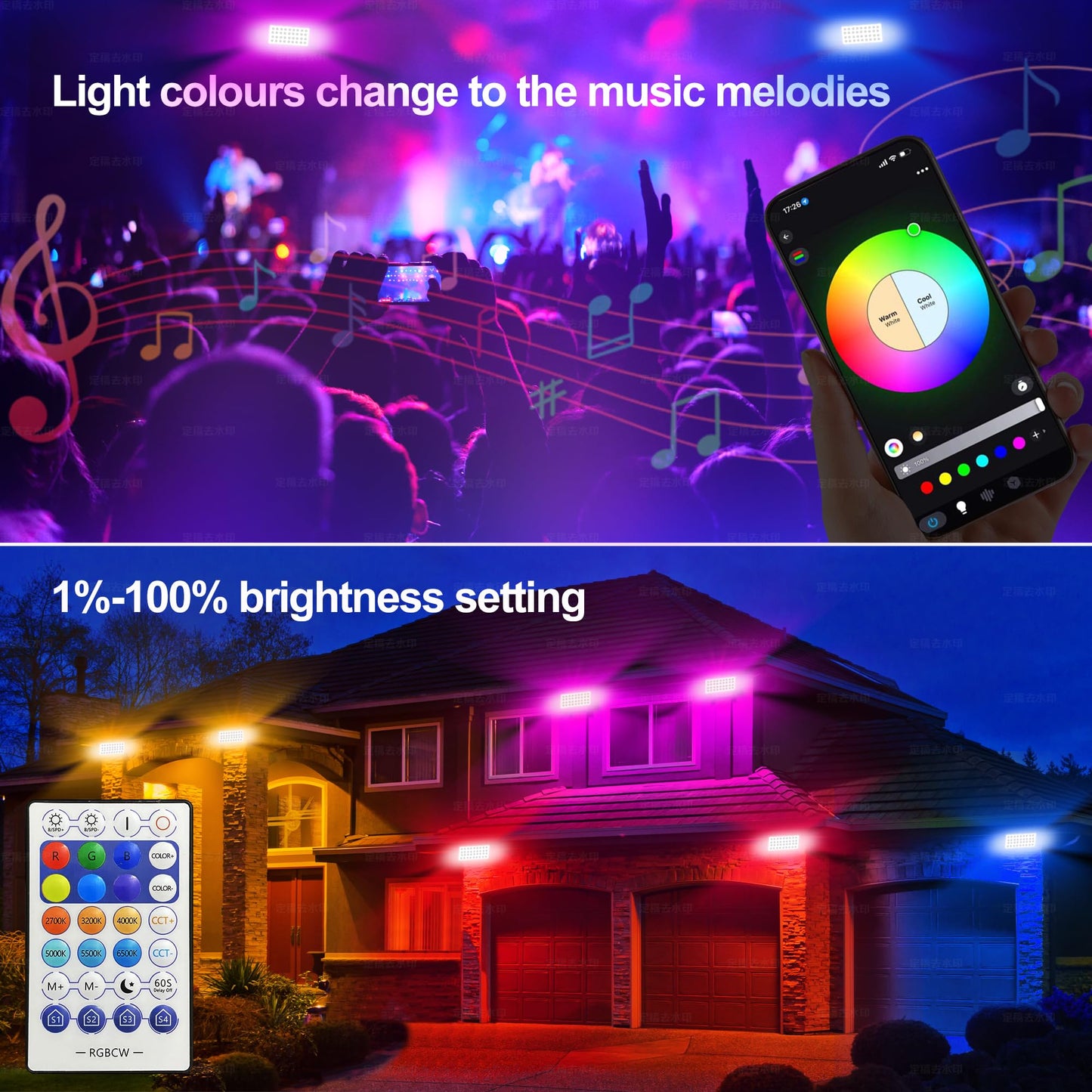 Jabbatek Party Lights Outdoor Smart Flood Light, 180W RGBCW Color Changing LED, 2700–6500K Tunable White, WiFi App & Voice Control, 50 Scenes, 1–100% Dimmable, IP65 Linkable Wall Washer Lights