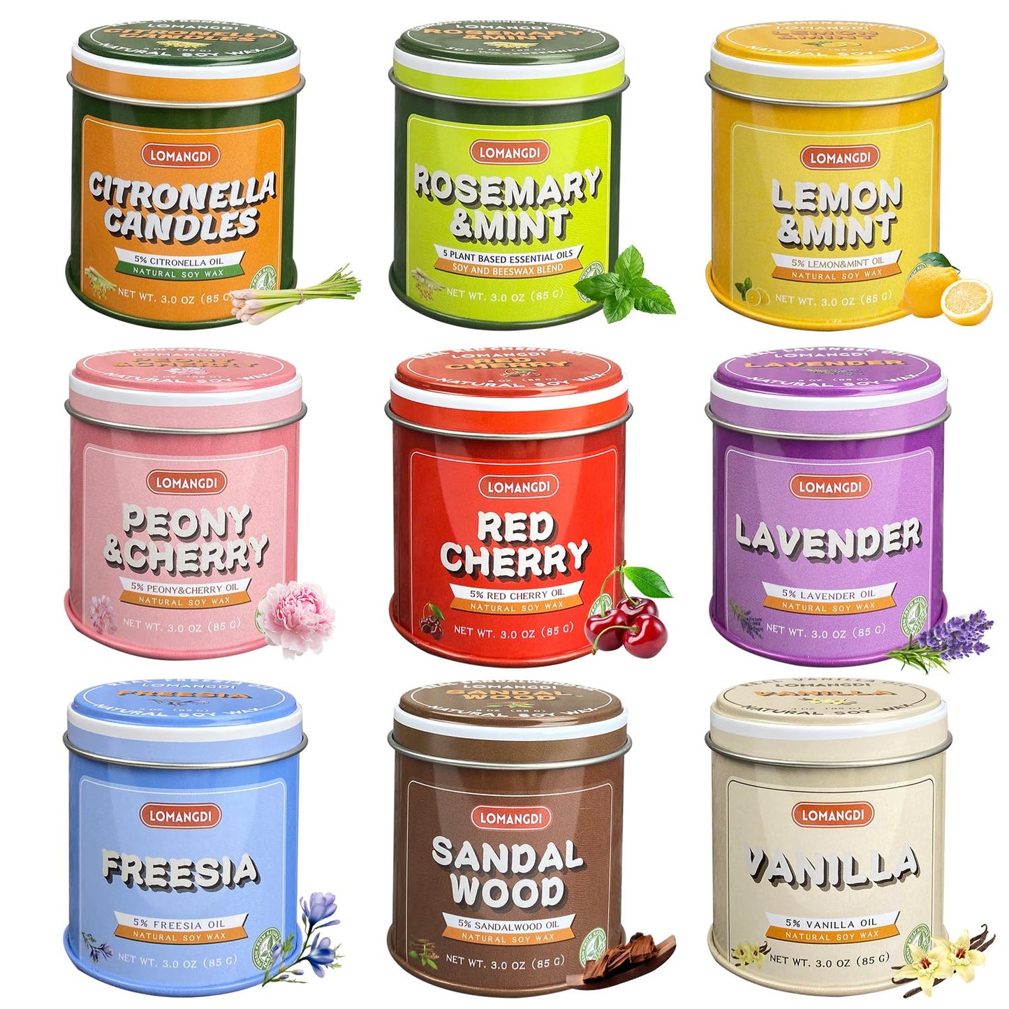 9-Pack Scented Soy Candle Gift Set – 3 oz Jar Candles in 9 Fragrances (Red Cherry, Lavender, Vanilla, Citronella & More) – Clean-Burning, Vibrant Decorative Tins for Home, Spa & Relaxation