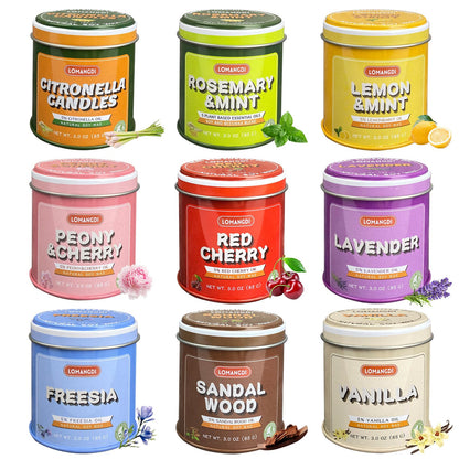 9-Pack Scented Soy Candle Gift Set – 3 oz Jar Candles in 9 Fragrances (Red Cherry, Lavender, Vanilla, Citronella & More) – Clean-Burning, Vibrant Decorative Tins for Home, Spa & Relaxation