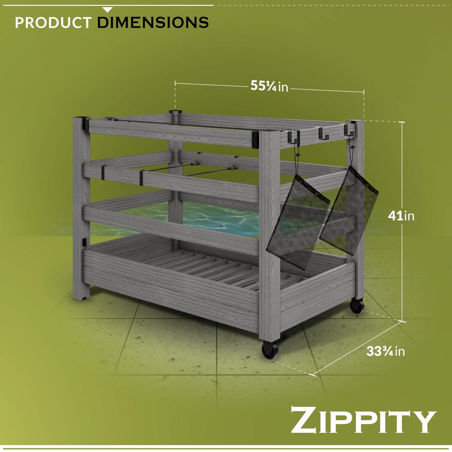 3.4ft H x 4.6ft W x 2.8ft L WoodTek Poolside Organizer and Pool Float Storage Rack, Wheeled Storage for Toys, Floats, and Accessories - Durable Pool Deck Caddy & Organizer w/ Dividers, Zippity AZ19078