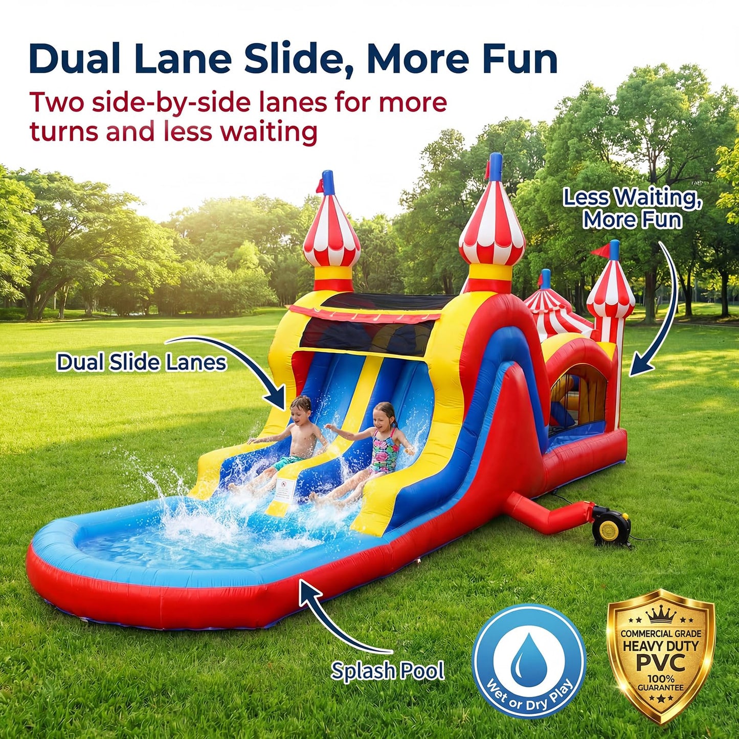 WONDER DOME 28FT Carnival Obstacle Course Water Slide, Wet/Dry Inflatable Bounce House with Climbing Wall, Obstacles & Dual Slides, Commercial-Grade PVC, Blower Included