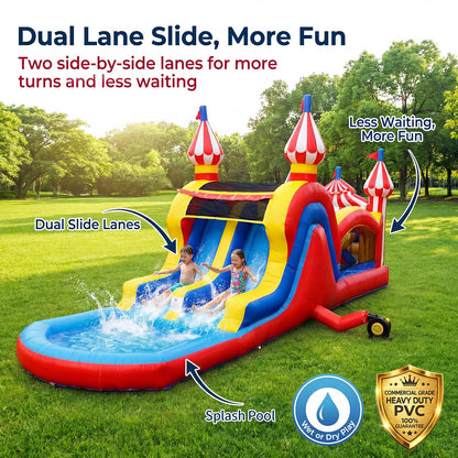WONDER DOME 28FT Carnival Obstacle Course Water Slide, Wet/Dry Inflatable Bounce House with Climbing Wall, Obstacles & Dual Slides, Commercial-Grade PVC, Blower Included