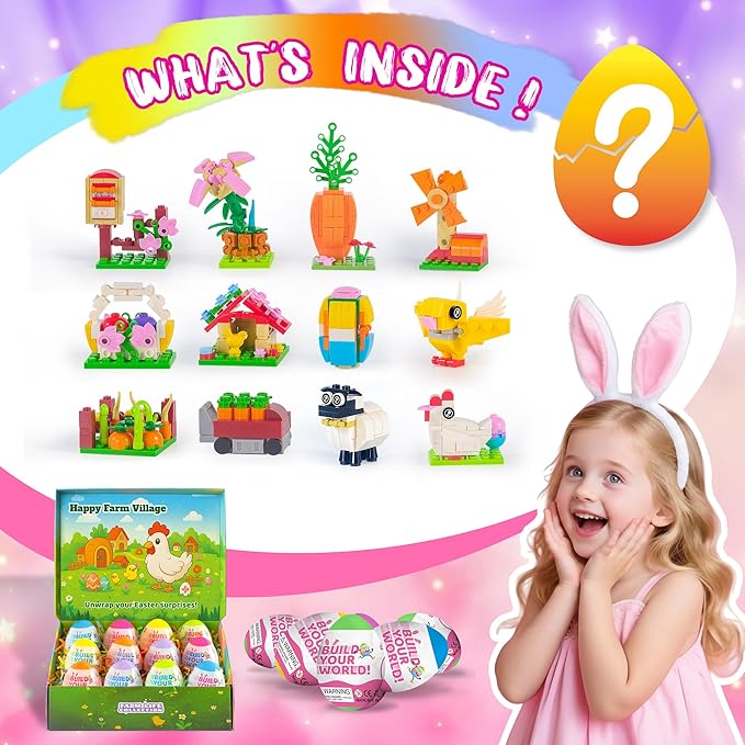 2026 New Easter Gifts Building Set for Kids -12-in-1 Happy Farm Village Building Toy with Prefilled Eggs Easter Basket Stuffer &amp Decorations for Boys &amp Girls 6+ with Farm Animals Hen &amp