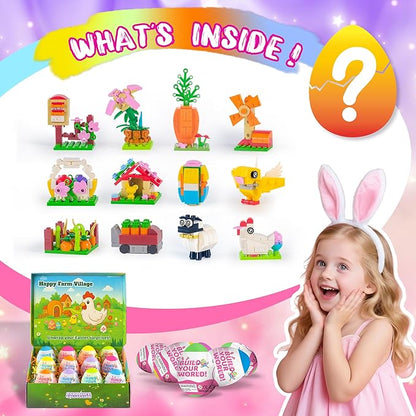2026 New Easter Gifts Building Set for Kids -12-in-1 Happy Farm Village Building Toy with Prefilled Eggs Easter Basket Stuffer &amp Decorations for Boys &amp Girls 6+ with Farm Animals Hen &amp