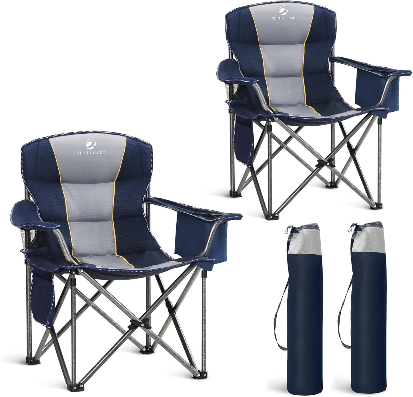 LET'S CAMP Oversized Folding Camping Chair - Heavy Duty Padded with Cup Holder & Cooler Bag | 450 LBS Capacity, 2 Pack