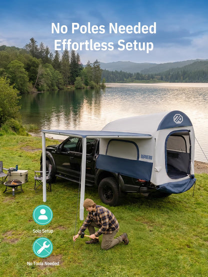 Niphean Inflatable Truck Bed Tent with Zipper-Connect Rv Awning, 3-Min Setup Camping System for 5.5–8ft Truck Tent, Waterproof PU3000mm + UV50+ Side Shade, 2+1 Person Overland Shelter