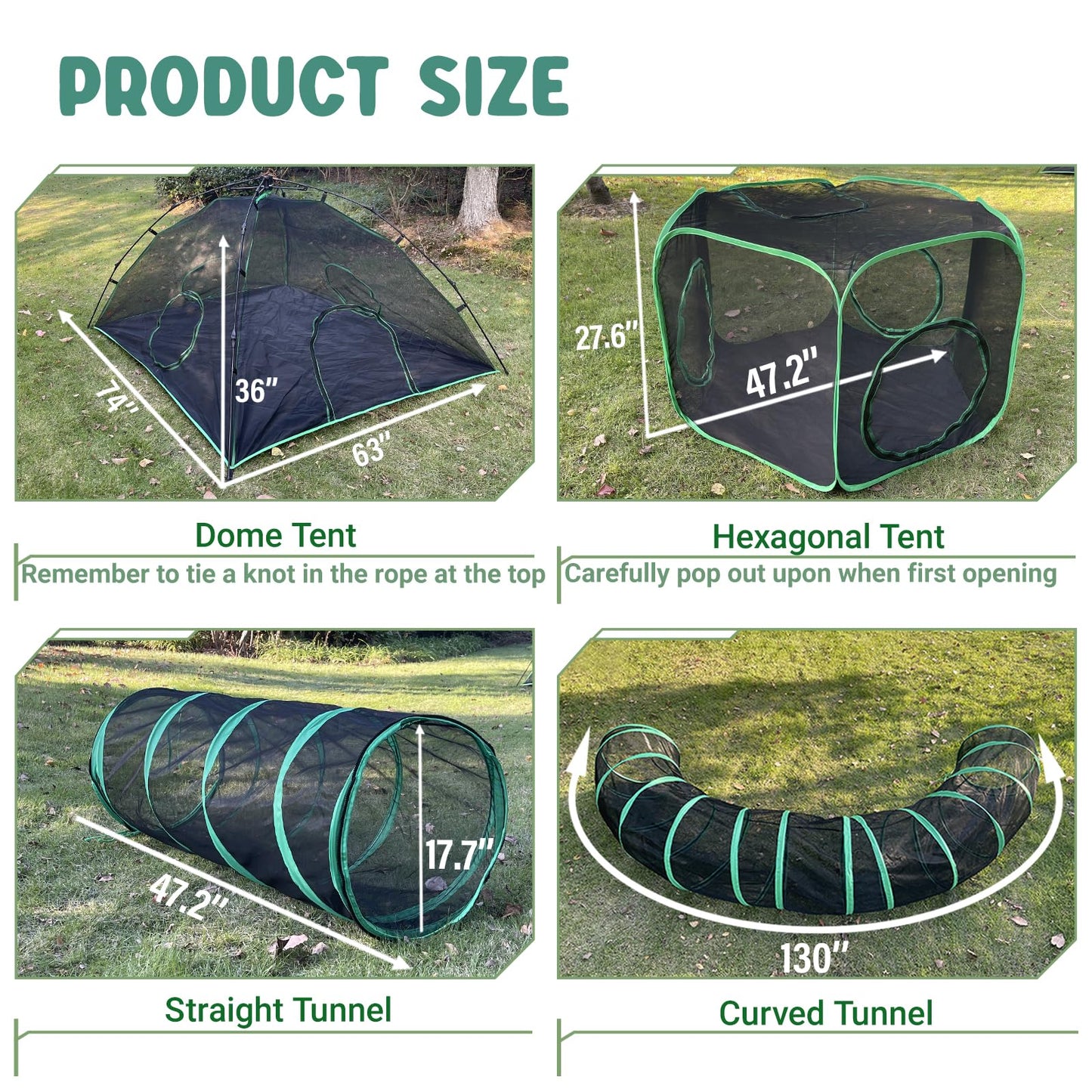 Pawtenda Cat Tents for Outside, Green Outdoor Cat Enclosures, Foldable Pet Playpen with Tunnels for Outside, Portable 4-in-1 Catio Including 2 Tents and 2 Tunnels