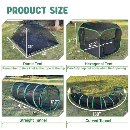 Pawtenda Cat Tents for Outside, Green Outdoor Cat Enclosures, Foldable Pet Playpen with Tunnels for Outside, Portable 4-in-1 Catio Including 2 Tents and 2 Tunnels