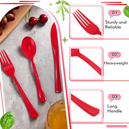 300 Pcs Plastic Silverware Heavy Duty Cutlery Set Plastic Utensils Set Includes 100 Disposable Spoons 100 Forks Knives for Parties Catering Family Gathering(Red)