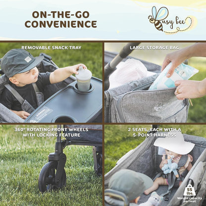 Busy Bee Foldable Wagon Stroller for 2 Kids, Push Pull Collapsible Kids Wagon with Adjustable Handle Bar, Removable Canopy, 5-Point Harness, Shock-Absorbing Wheels, Grey
