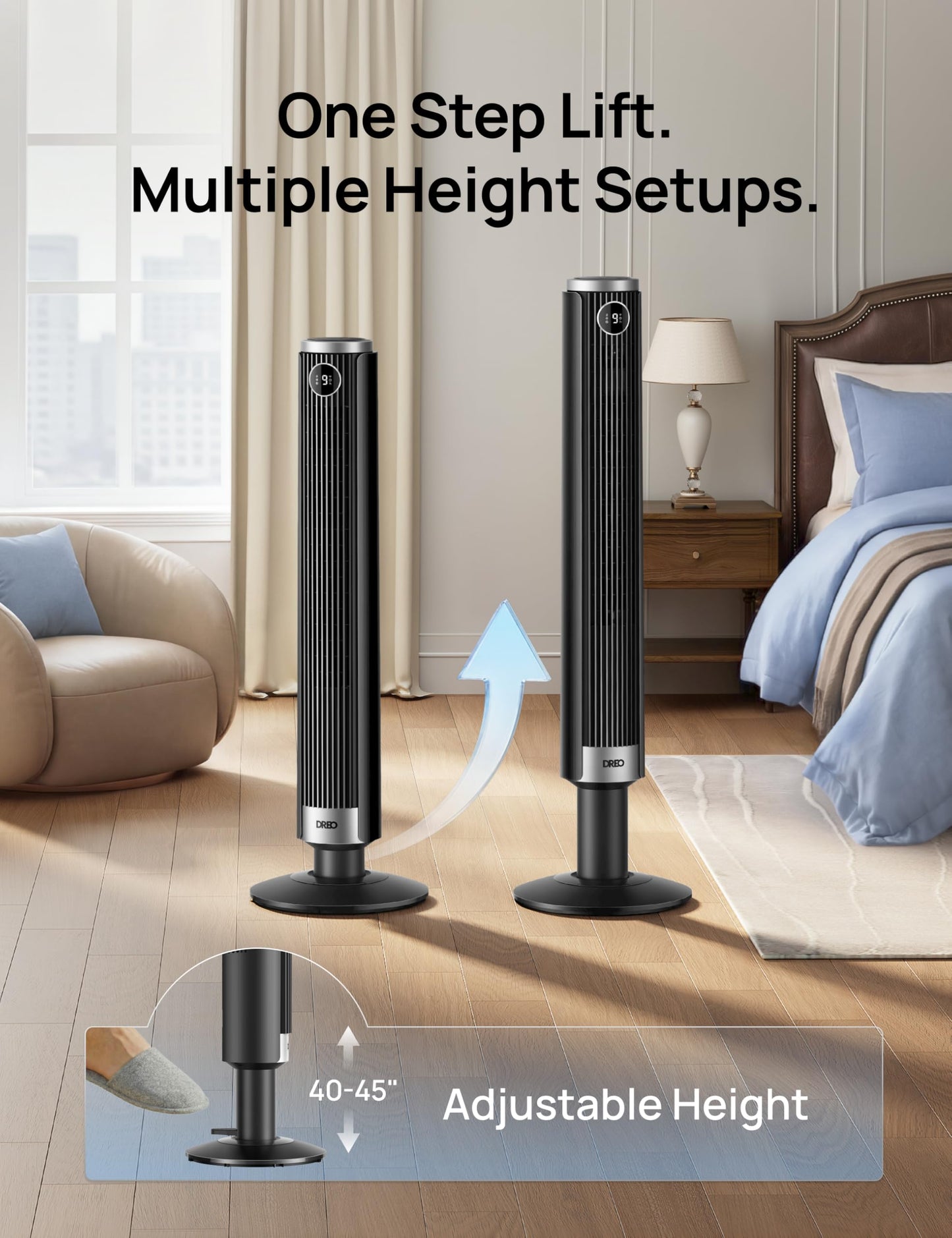DREO Smart Tower Fan for Bedroom, 40”-45” Adjustable Height, 28 ft/s Velocity, DC Motor, 9 Speeds, 4 Modes, 90°Oscillating, Standing Fan, 20dB Quiet, 12H Timer for Home, Office, Google/Alexa, Black