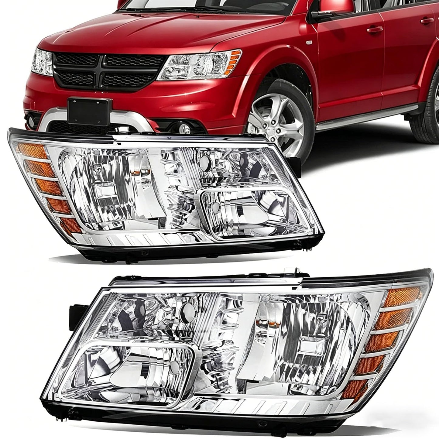 For 2009 2010 2011 2012 2013 2014 2015 2016 2017 2018 2019 2020 Journey Headlight Assembly Compatible with 2009-2018 Dodge Journey Clear Lens Chrome Housing Amber Reflector Headlamp Replacement