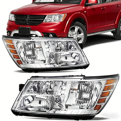 For 2009 2010 2011 2012 2013 2014 2015 2016 2017 2018 2019 2020 Journey Headlight Assembly Compatible with 2009-2018 Dodge Journey Clear Lens Chrome Housing Amber Reflector Headlamp Replacement