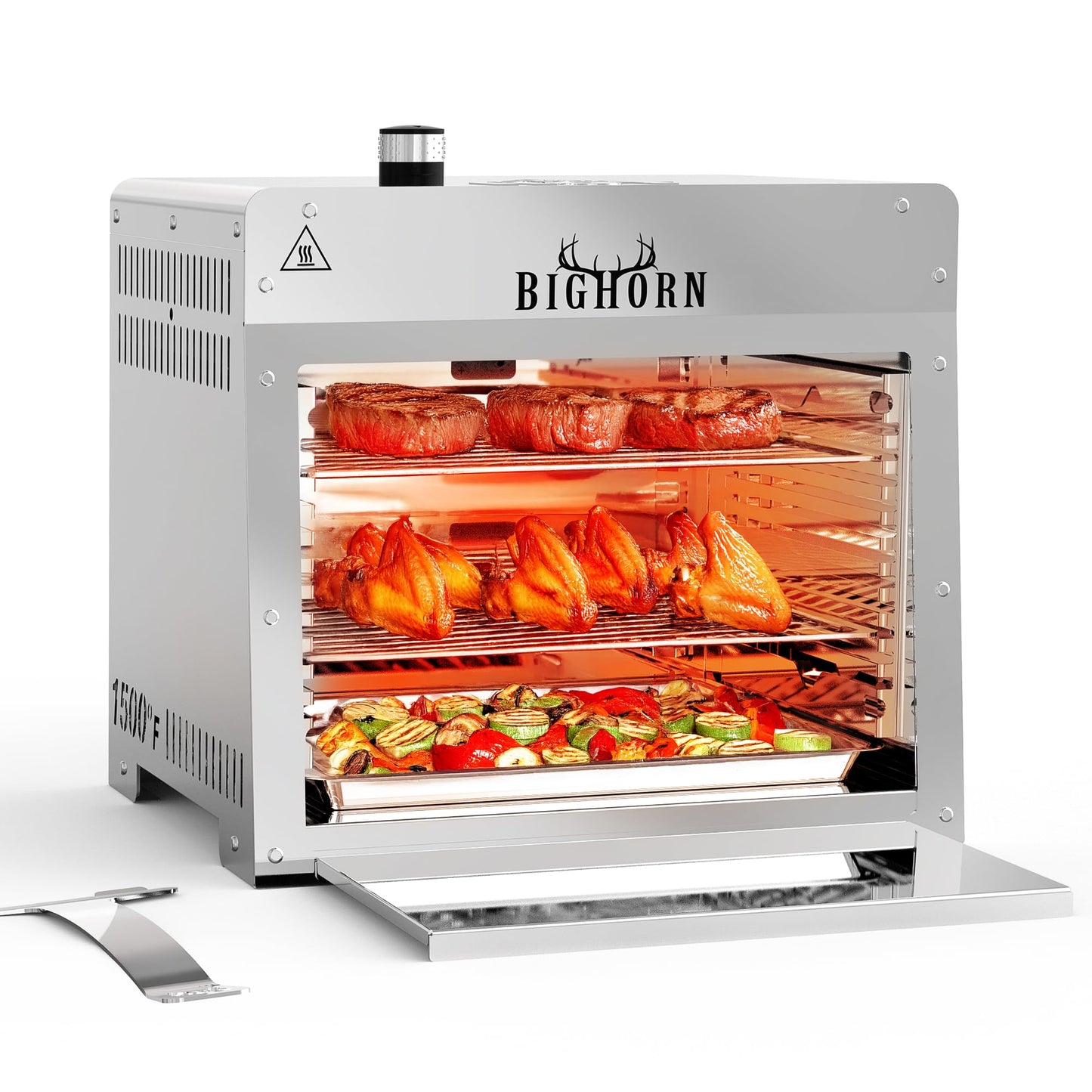 BIG HORN OUTDOORS 1500°F Small Infrared Propane Gas Grill – Portable Steak Broiler & Sear Station, Outdoor Salamander BBQ with Pizza Stone, Stainless Steel, 16 inch