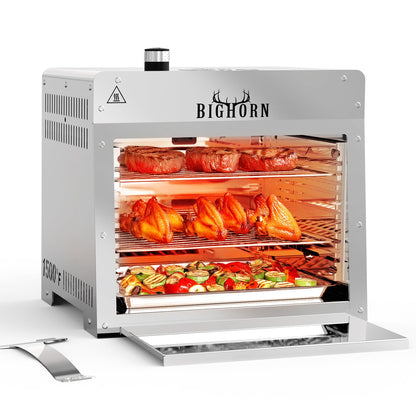 BIG HORN OUTDOORS 1500°F Small Infrared Propane Gas Grill – Portable Steak Broiler & Sear Station, Outdoor Salamander BBQ with Pizza Stone, Stainless Steel, 16 inch