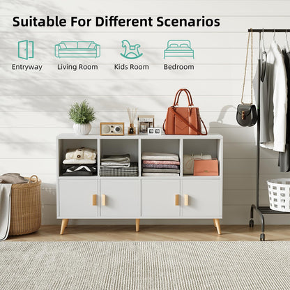 Flrrtenv 8-Cube Storage Organizer with Doors & 5 Solid Wood Legs, Mid-Century Modern Bookshelf with Seamless Top, Horizontal Cubby Toy Storage for Kids, Sideboard Media Console fits 11" Bins, White