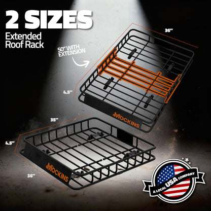 Mockins 50"x36"x4.5" Extendable Rooftop Cargo Carrier & 18 CuFt Orange Waterproof Roof Cargo Bag | 250 Lbs. Capacity Weatherproof SUV & Car Roof Rack Basket with Car Top Carrier Bag & Accessories