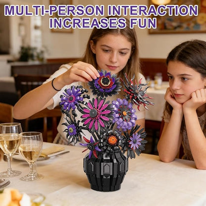 Flower Bouquet Building Blocks Set with Vase Purple Sunflower Brick Flowers DIY Artificial Flower Decor Building Toy for Adults Desk Home Decoration Gift for Women