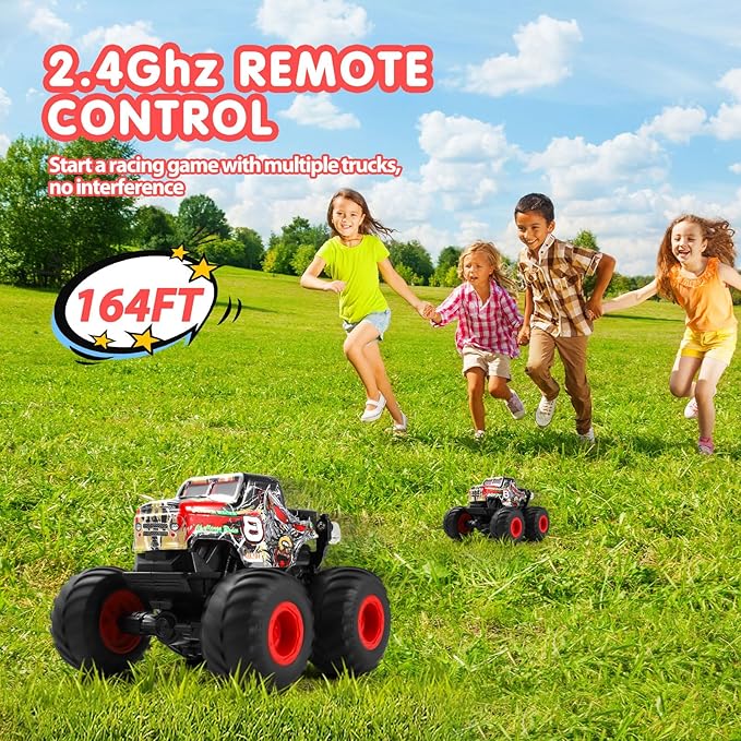 DYODYORC Remote Control Car 2.4Ghz All Terrain Monster Truck Toys RC Truck with Music 3 Lighting Effects 360 Stunt Capable 2 Batteries Ready to Run Toy Gifts for Boys and Girls (Red)