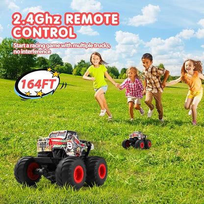 DYODYORC Remote Control Car 2.4Ghz All Terrain Monster Truck Toys RC Truck with Music 3 Lighting Effects 360 Stunt Capable 2 Batteries Ready to Run Toy Gifts for Boys and Girls (Red)