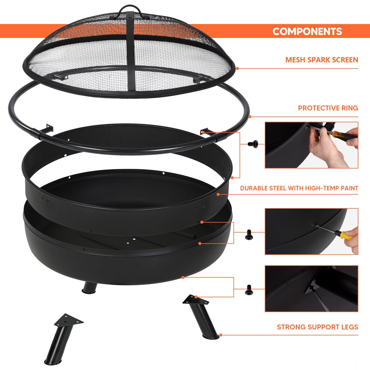 SUNCREAT 42" Outdoor Portable Fire Pit with Spark Screen, Fire Poker, Wood Burning Patio Fire Pits with Protective Ring, Black