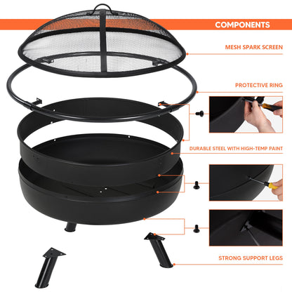 SUNCREAT 42" Outdoor Portable Fire Pit with Spark Screen, Fire Poker, Wood Burning Patio Fire Pits with Protective Ring, Black