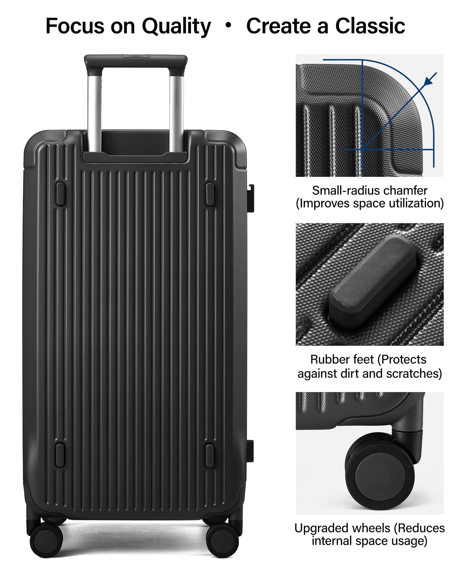 Hanke 24 Inch Checked Luggage, Large Capacity PC Hard shell Suitcase with 4:6 Deep Compartment, Fully Enclosed Interior, Spinner Wheels & TSA Lock for 7-10 day mid-length travel, Jet Black