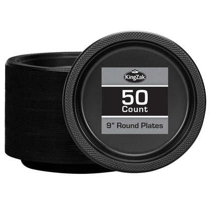 Black Plastic Plates 9 Inch - 50 count - Plastic Solid Round Party Plates For Weddings, BBQs, Birthday Plates - Disposable Black Plates - Plastic Dessert Plates