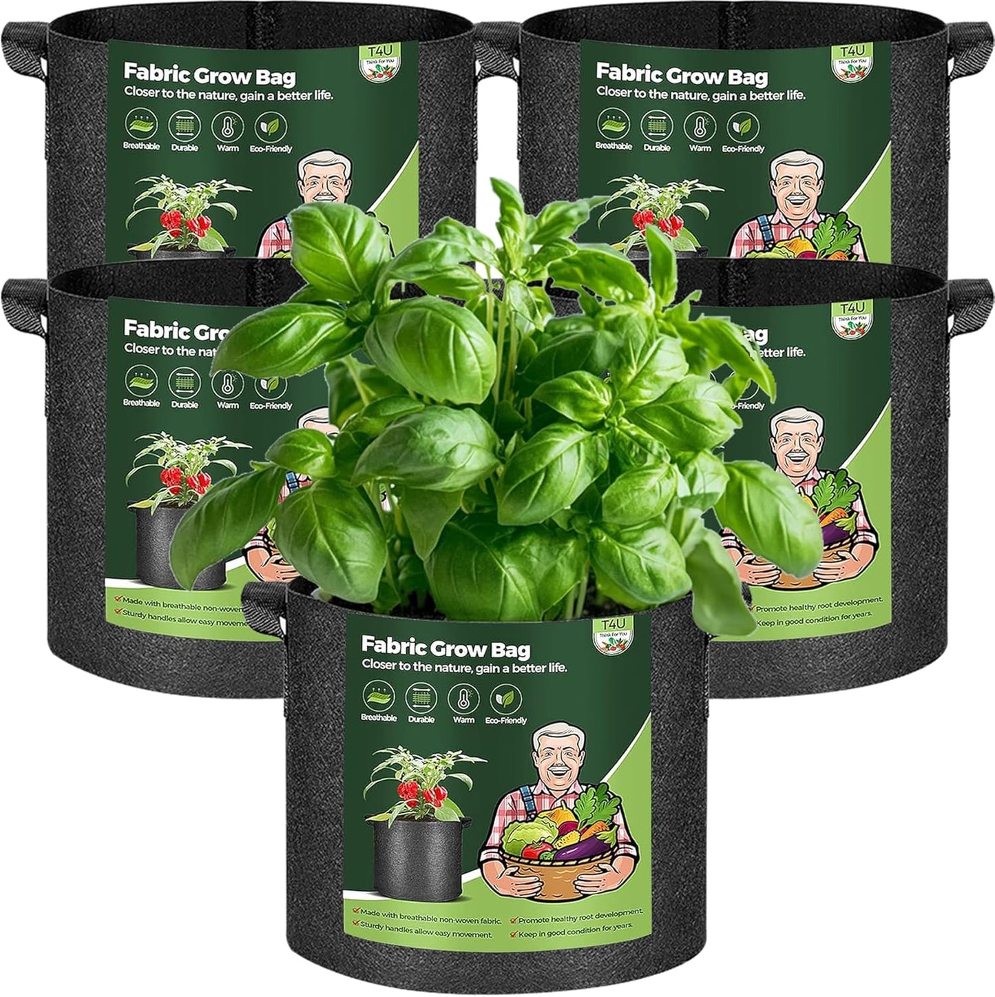 T4U 1 Gallon Grow Bags - Heavy Duty Nonwoven Fabric Pots with Handles | Perfect for Herbs & Plants (5 Pack)