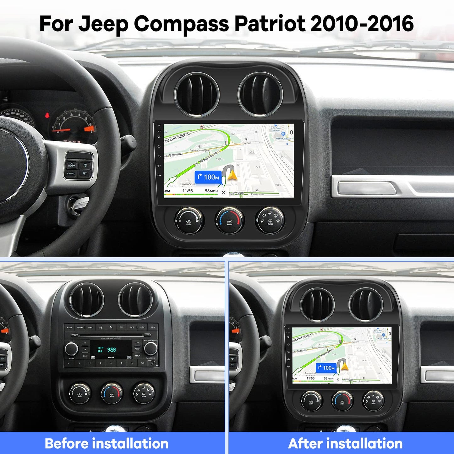 [2G+32G] Car Radio for Jeep Compass Patriot 2010-2016, 10.1 inch Android 11 Touch Screen Stereo, Carplay/Android Auto/Mirror Link/1080P/SWC/Bluetooth/WiFi + AHD Backup Camera for Jeep Compass
