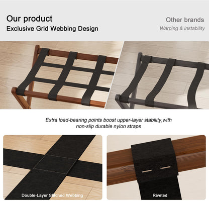 SANLUCE Fully Assembled Luggage Rack Set of 2 for Guest Room, Bamboo Suitcase Stand with Foldable Storage Shelf, Crossed Nylon Straps Folding Luggage Holder for Bedroom and Hotel, Walnut