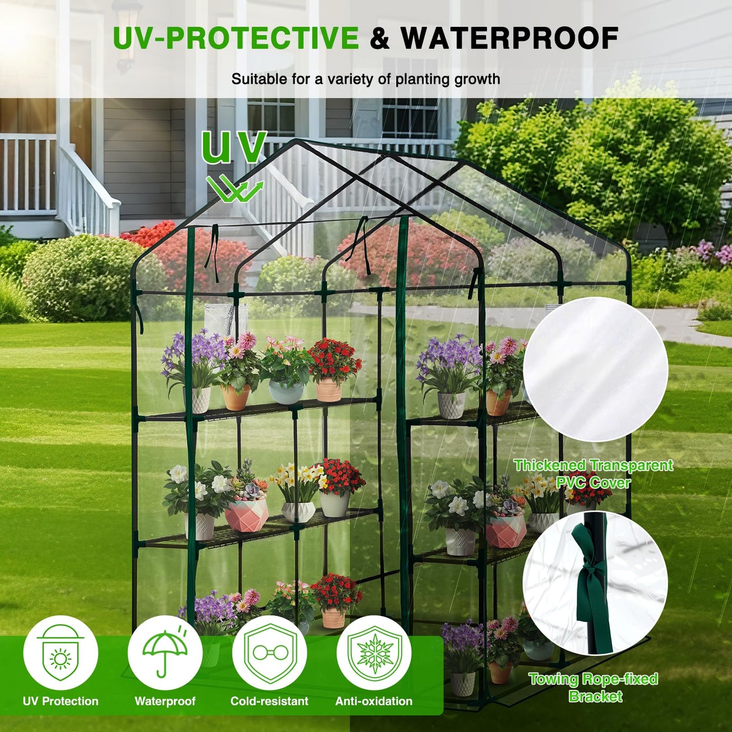 Yesker Greenhouse 57.5"x57"x77" Walk In Green House - Large Outdoor/Indoor Greenhouses with 8 Shelves Waterproof PVC Cover & Windows, Portable Greenhouse Kit for Winter Backyard Gardening Patio, Clear
