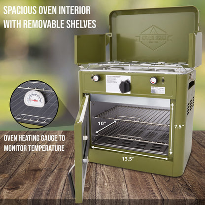 Hike Crew Outdoor Gas Camping Oven w/Carry Bag | CSA Approved Portable Propane-Powered 2-Burner Stove & Oven | Auto Ignition, Overheat Safety Shutoff, Built-In Thermometer | Hose & Regulator Included